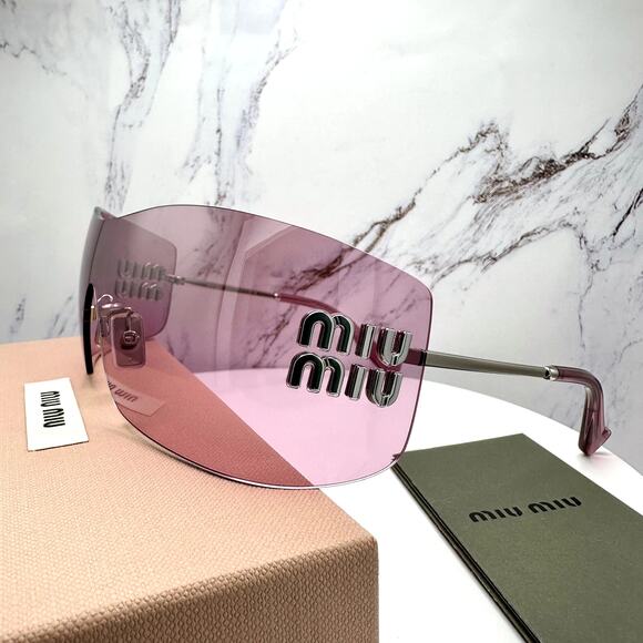 New MIU MIU Sunglasses Aube Silver Pink Mirror Rimless Wrap Authentic Womens